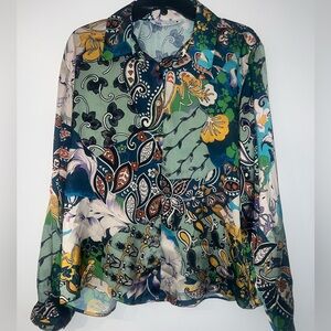 ZARA Paisley Scarf Print Colorful Satin Blouse Button Down Shirt Blouse